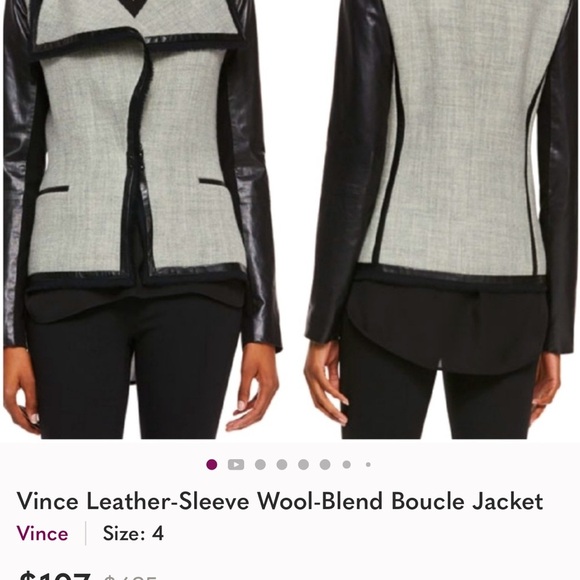 Vince Black& Gray Women's Boucle Moto jacket with leather sleeves, shawl collar. - Picture 8 of 9
